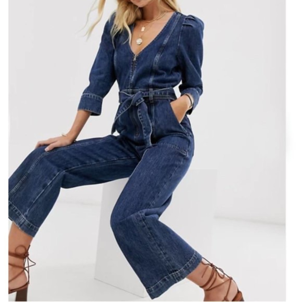 & other stories puff sleeve denim jumpsuit